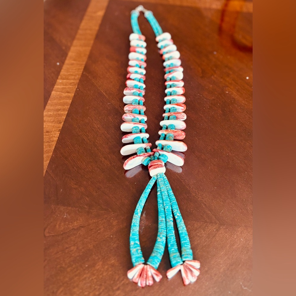 Santo Domingo Pueblo Turquoise and Coral lariat necklace